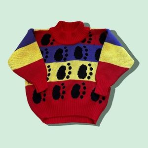 Vintage Toddler Bold Color Stripe Paw Print Mock Neck Sweater Popsicle Brand 2T